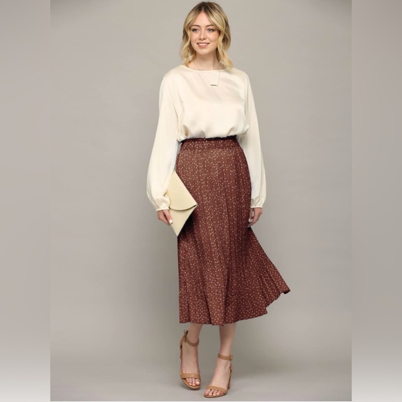 High Waist Polka Dot Pleated Midi Swing Skirt with Pockets -rust - Picture 2 of 6